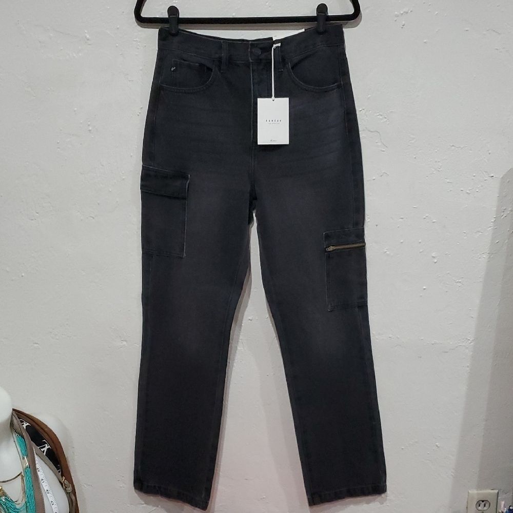 KanCan 90 Straight Jeans Wirh Asymmetrical Cargo Pockets In Black Sz 5/26